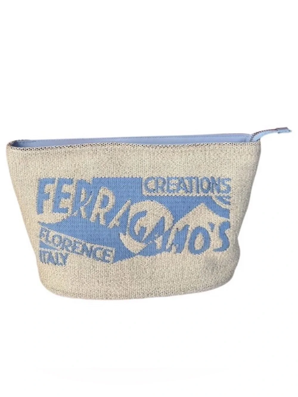 Salvatore Ferragamo Natural Canvas Pouch with Light Blue Logo